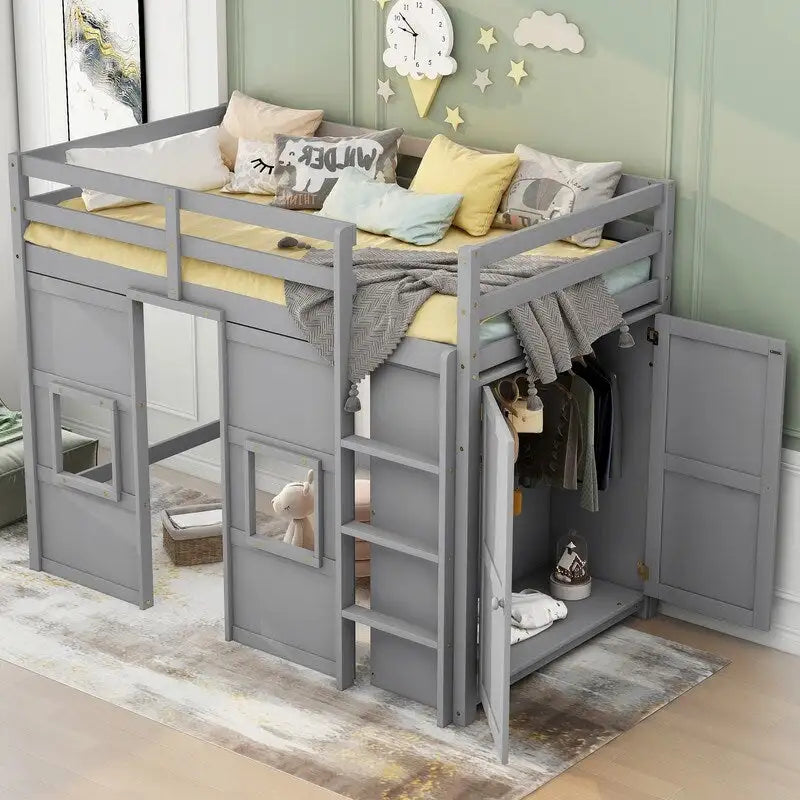 Twin Size Wood Loft Bed with Built-in Storage Wardrobe and 2 Windows