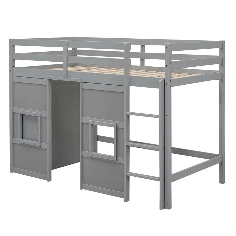 Twin Size Wood Loft Bed with Built-in Storage Wardrobe and 2 Windows