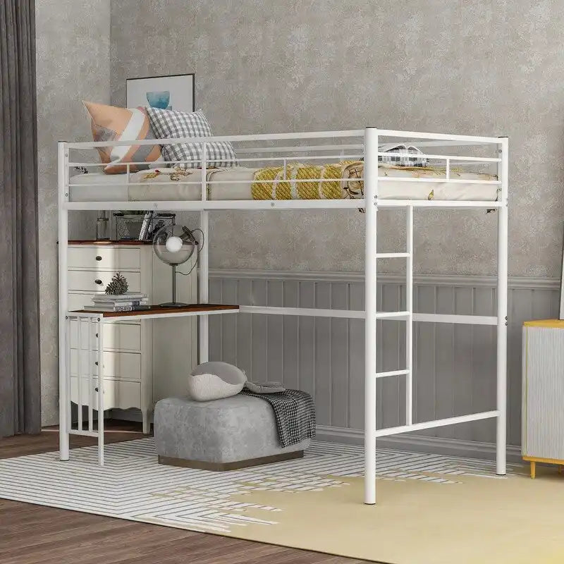Twin Size Metal Loft Bed with Desk, Ladder and Guardrails