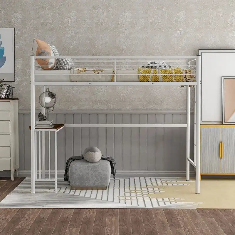 Twin Size Metal Loft Bed with Desk, Ladder and Guardrails