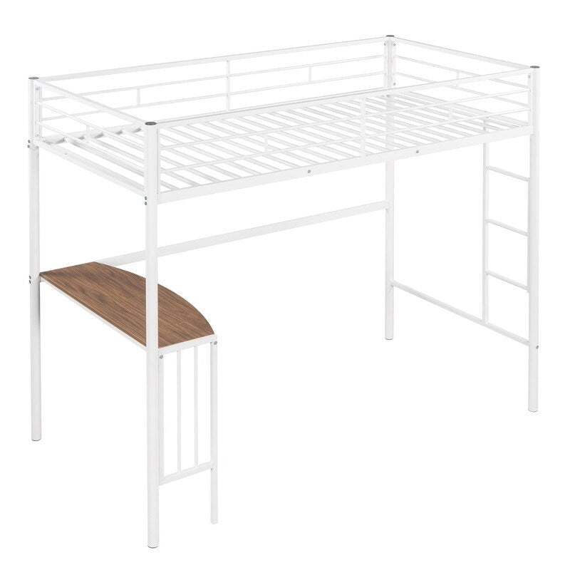 Twin Size Metal Loft Bed with Desk, Ladder and Guardrails
