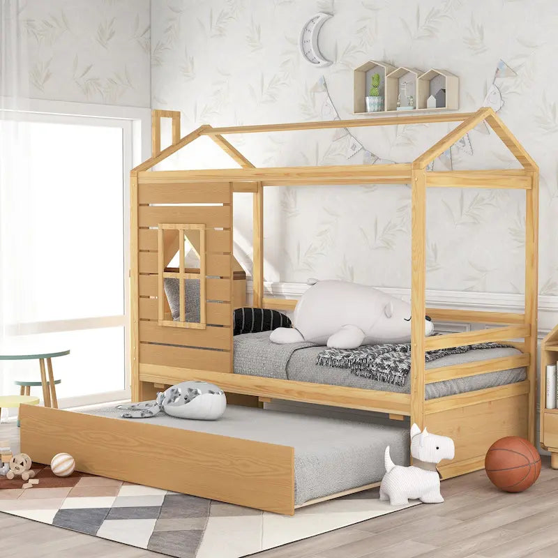 Twin House Bed with Trundle, Roof & Windows