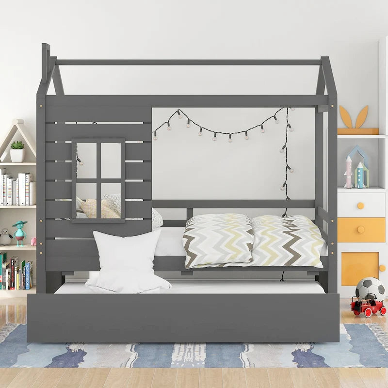 Twin House Bed with Trundle, Roof & Windows