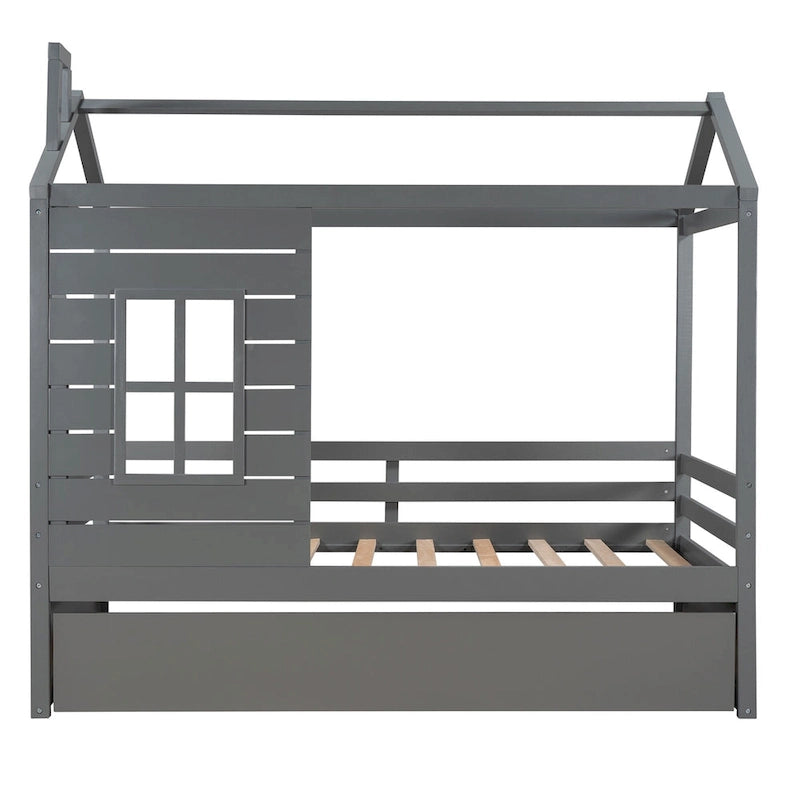 Twin House Bed with Trundle, Roof & Windows