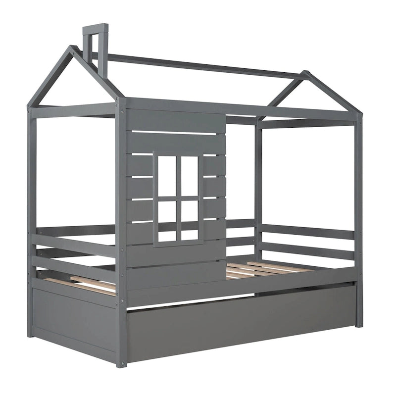 Twin House Bed with Trundle, Roof & Windows
