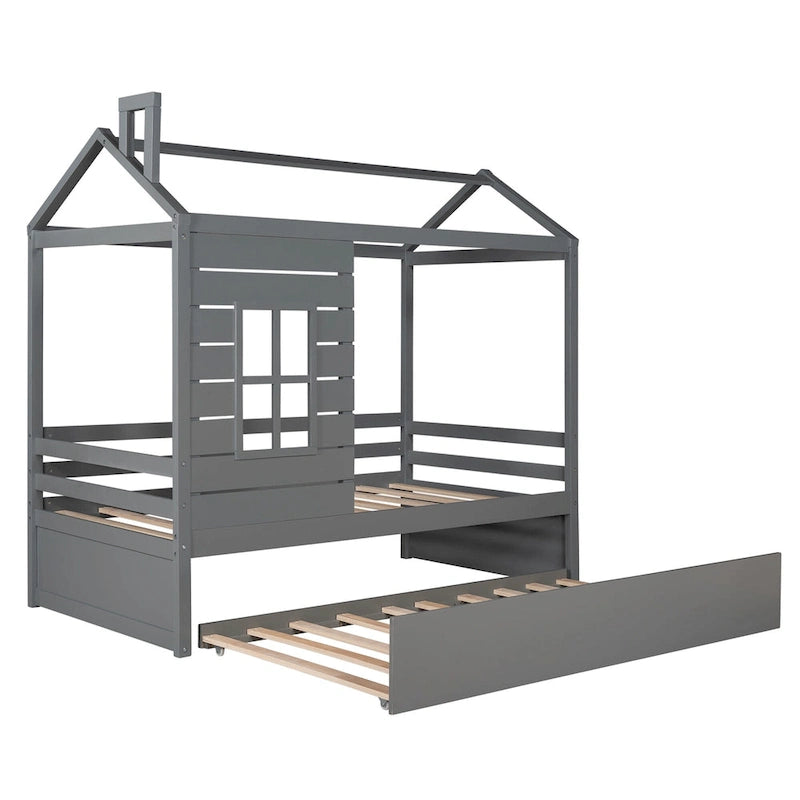 Twin House Bed with Trundle, Roof & Windows