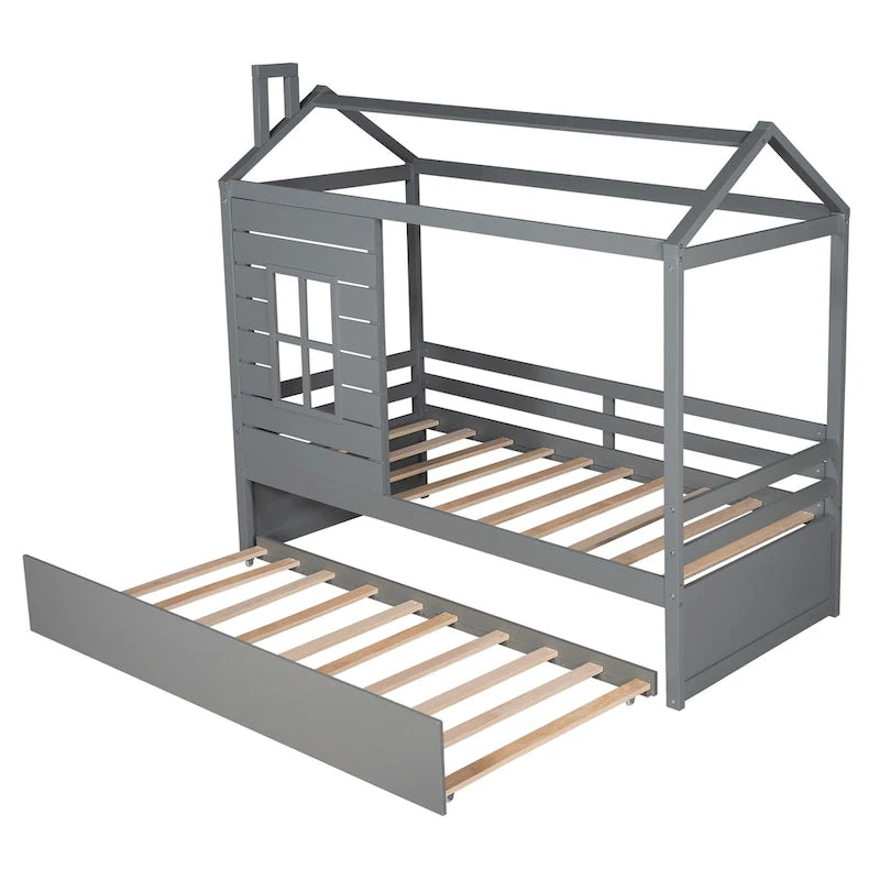Twin House Bed with Trundle, Roof & Windows