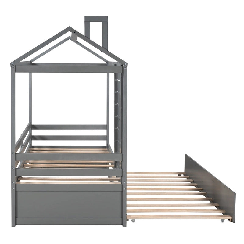 Twin House Bed with Trundle, Roof & Windows