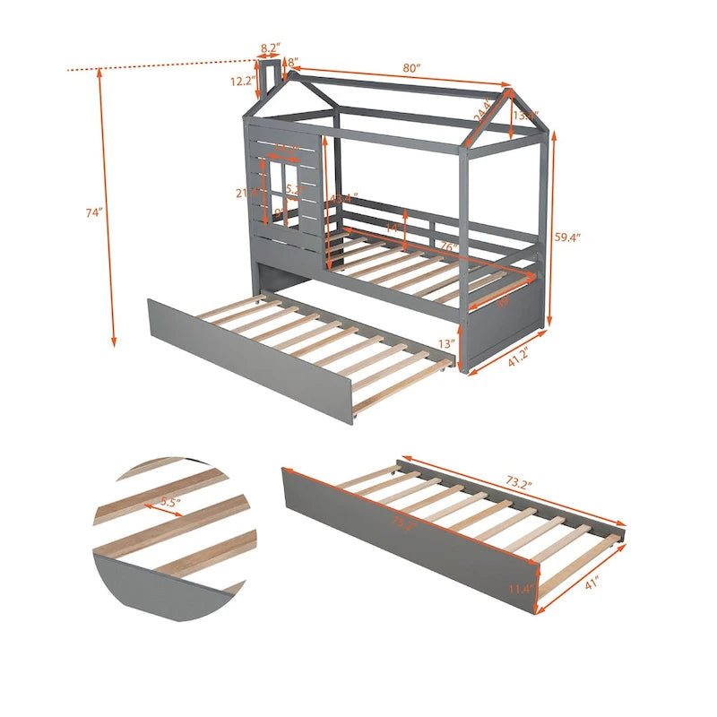 Twin House Bed with Trundle, Roof & Windows