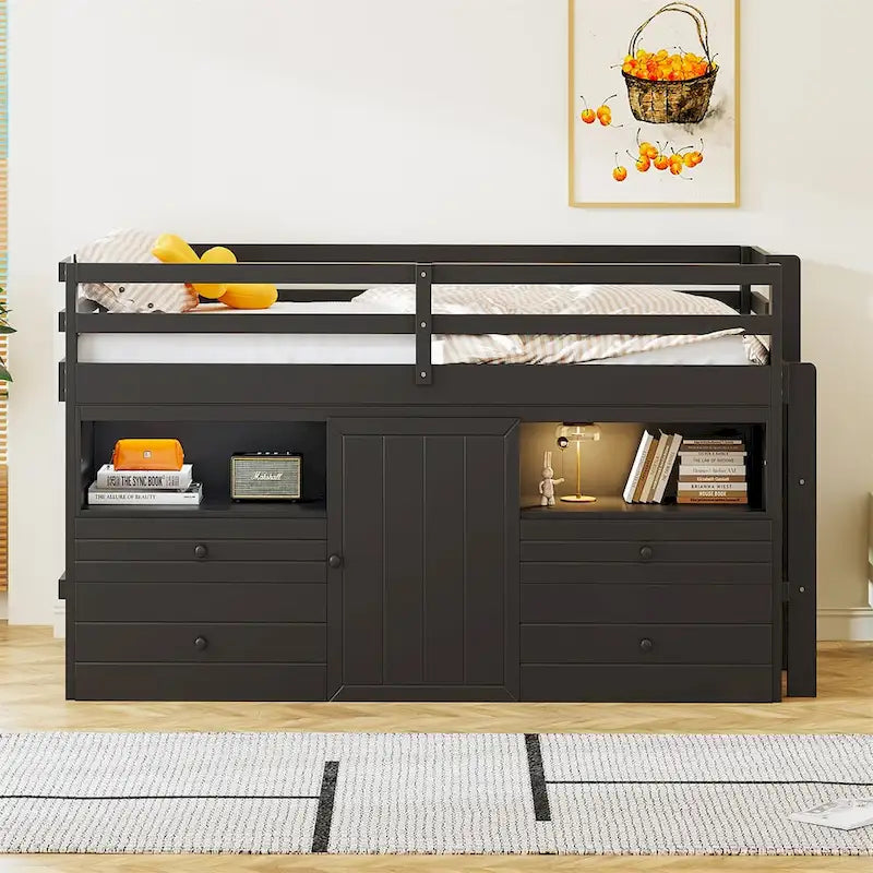 Twin Size Loft Bed with 4 Drawers,Underneath Cabinet and Shelves