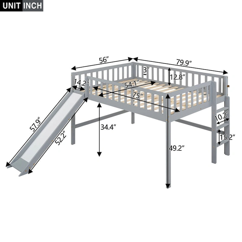 Full Size Low Loft Bed Frame for Boys Girls Kids Adults Toddler for Boys Girls Kids Adults Toddler with Ladder and Slide