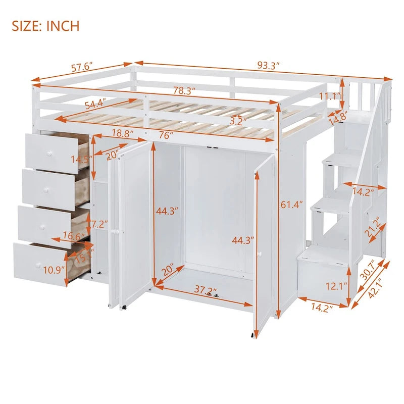 Full Size Loft Bed, Wood Loft Bed Frame with Built-in Wardrobes, Cabinets and Drawers