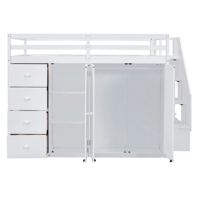 Full Size Loft Bed, Wood Loft Bed Frame with Built-in Wardrobes, Cabinets and Drawers