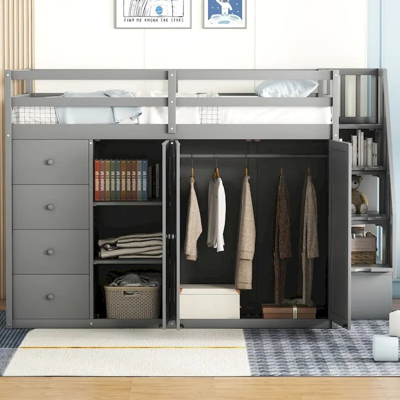 Full Size Loft Bed, Wood Loft Bed Frame with Built-in Wardrobes, Cabinets and Drawers