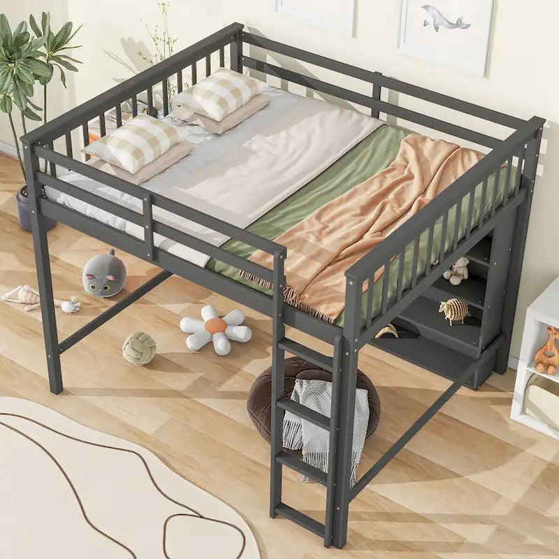 Full Size Loft Bed with 8 Open Storage Shelves Cabinet and Built-In Ladder, Full Length Guardrail & Underbed Storage Space