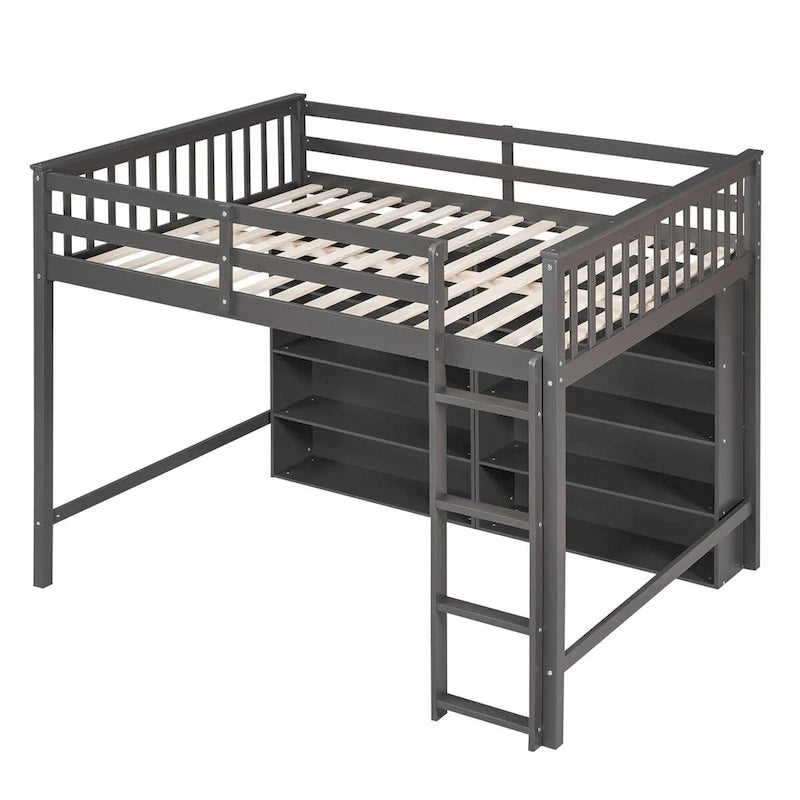 Full Size Loft Bed with 8 Open Storage Shelves Cabinet and Built-In Ladder, Full Length Guardrail & Underbed Storage Space
