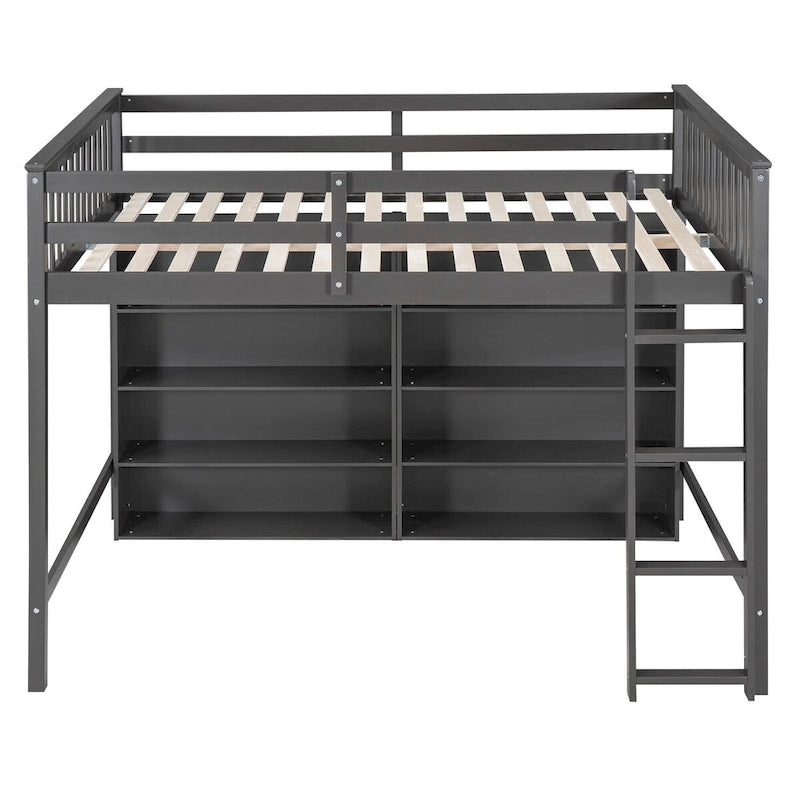 Full Size Loft Bed with 8 Open Storage Shelves Cabinet and Built-In Ladder, Full Length Guardrail & Underbed Storage Space