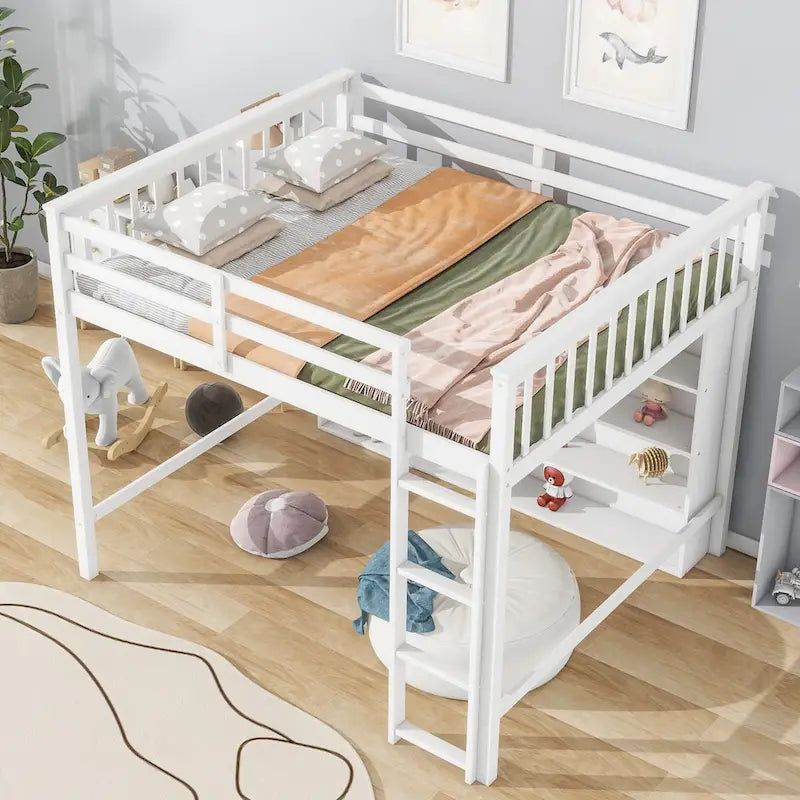 Full Size Loft Bed with 8 Open Storage Shelves Cabinet and Built-In Ladder, Full Length Guardrail & Underbed Storage Space