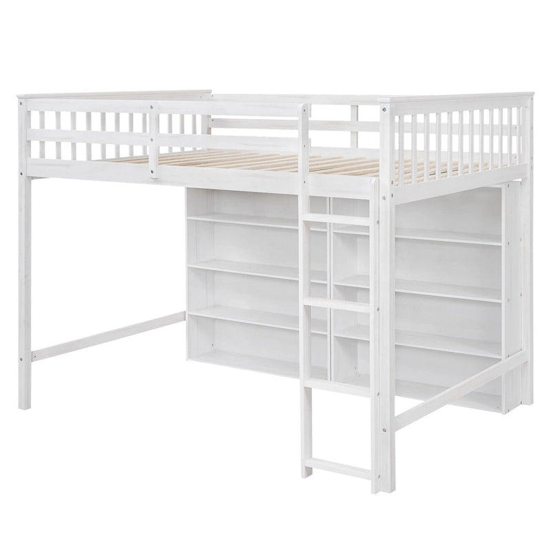Full Size Loft Bed with 8 Open Storage Shelves Cabinet and Built-In Ladder, Full Length Guardrail & Underbed Storage Space