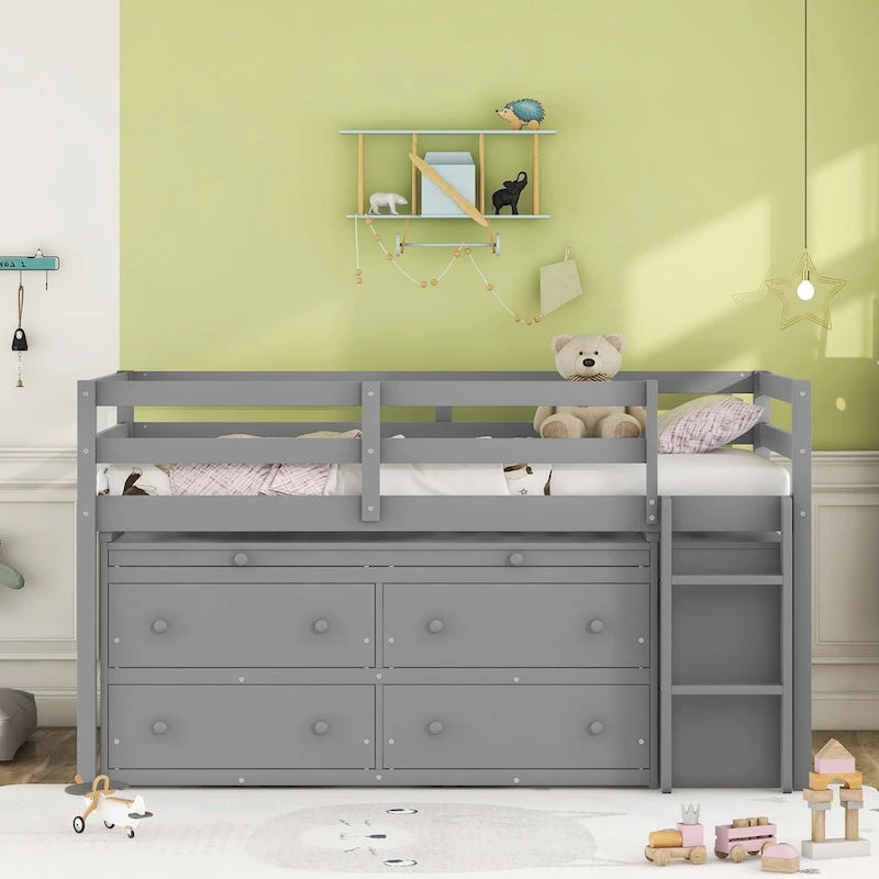 Twin Size Loft Bed with Retractable Writing Desk and 4 Drawers, Wooden Loft Bed with Lateral Portable Desk and Shelves