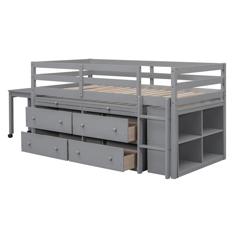 Twin Size Loft Bed with Retractable Writing Desk and 4 Drawers, Wooden Loft Bed with Lateral Portable Desk and Shelves
