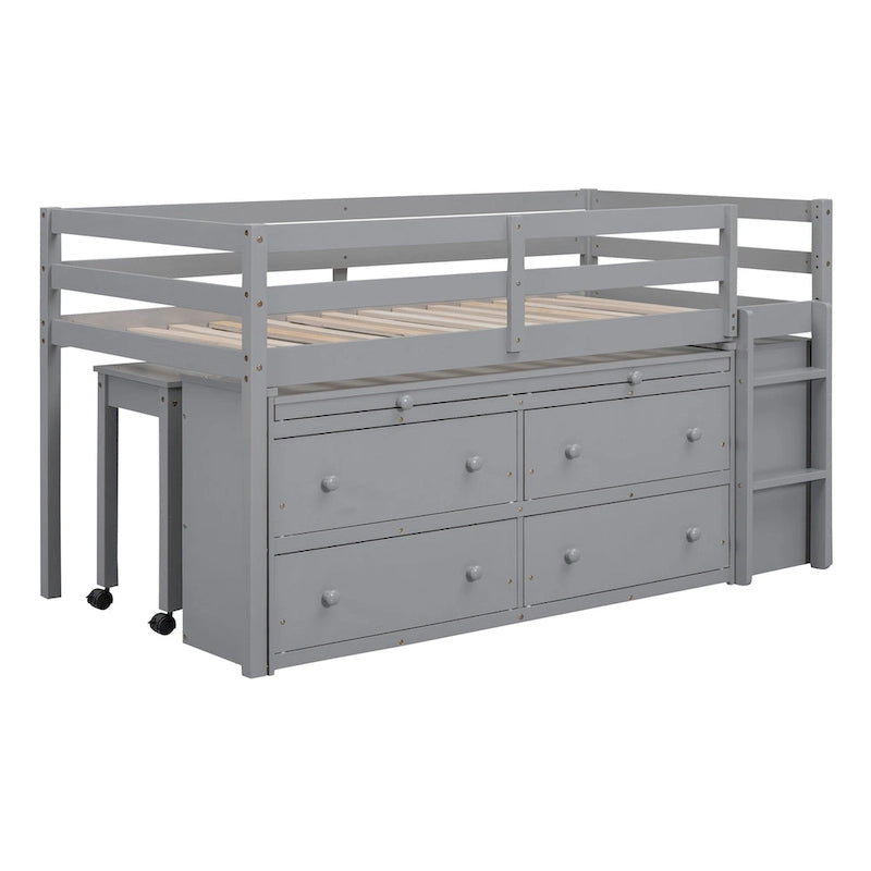Twin Size Loft Bed with Retractable Writing Desk and 4 Drawers, Wooden Loft Bed with Lateral Portable Desk and Shelves