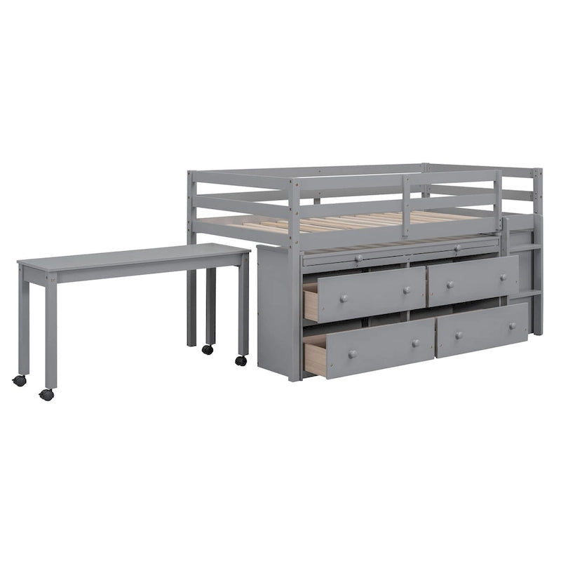 Twin Size Loft Bed with Retractable Writing Desk and 4 Drawers, Wooden Loft Bed with Lateral Portable Desk and Shelves