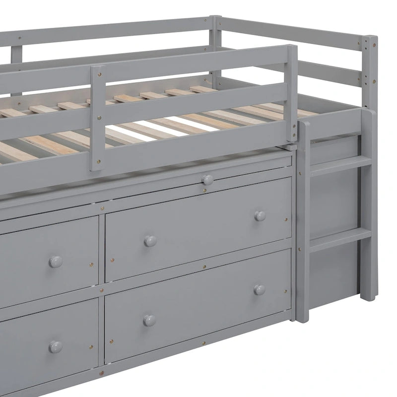 Twin Size Loft Bed with Retractable Writing Desk and 4 Drawers, Wooden Loft Bed with Lateral Portable Desk and Shelves