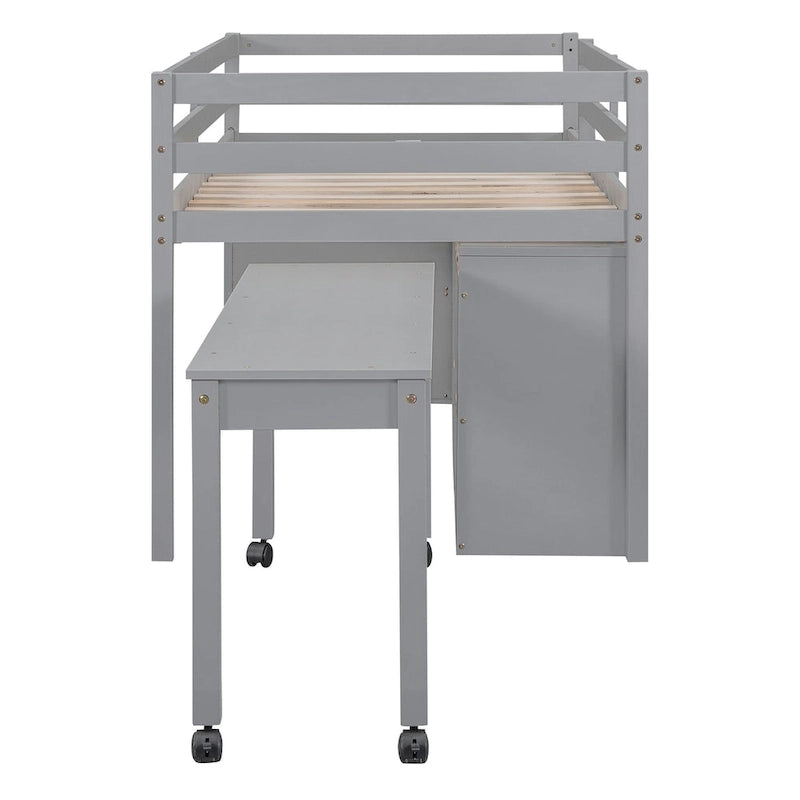 Twin Size Loft Bed with Retractable Writing Desk and 4 Drawers, Wooden Loft Bed with Lateral Portable Desk and Shelves