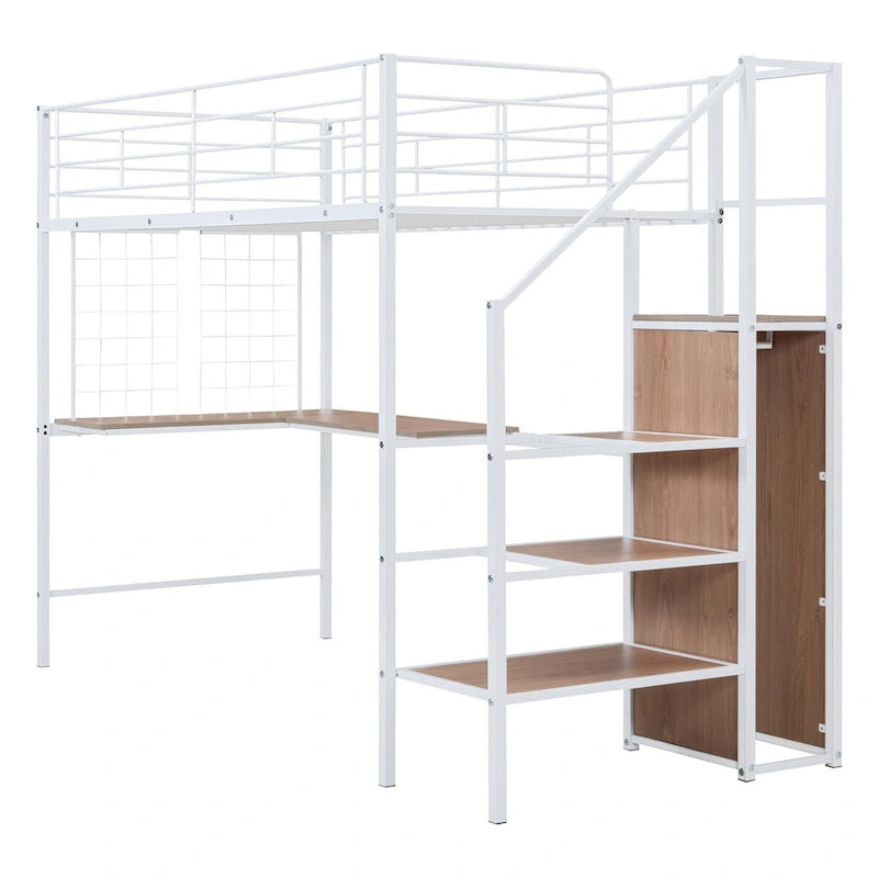 Twin Size Metal Loft Bed with Desk and Wardrobe, Lateral Storage Ladder