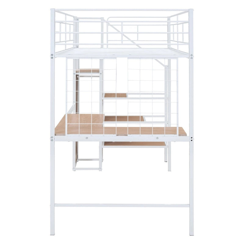 Twin Size Metal Loft Bed with Desk and Wardrobe, Lateral Storage Ladder