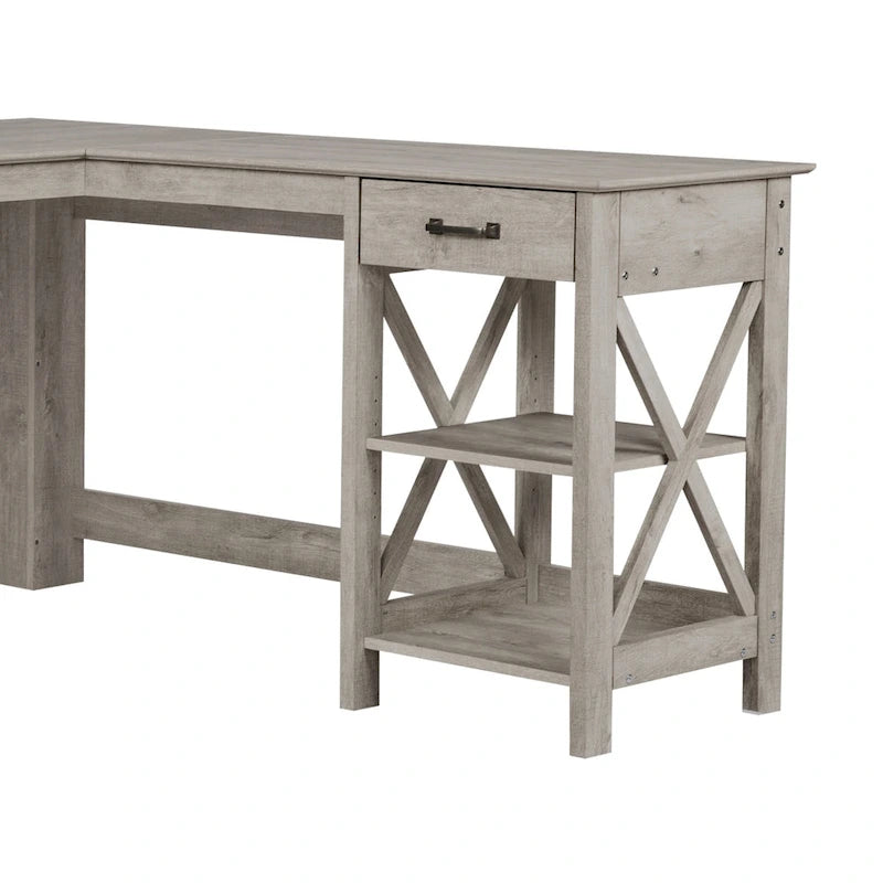 Saint Birch Honduras Washed Gray L-Shape Desk with 1 Drawer and 1 Open Shelf