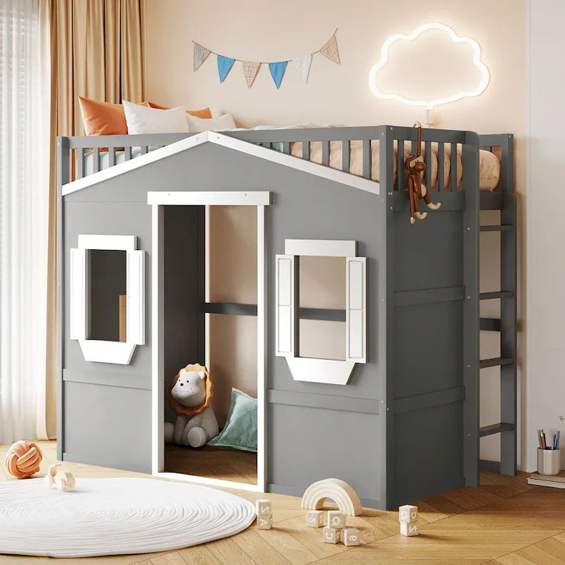 Twin Size Creativity House Bed Wooden Loft Bed with Built-In Ladder and Underbed Storage Space, Full-Length Guardrail
