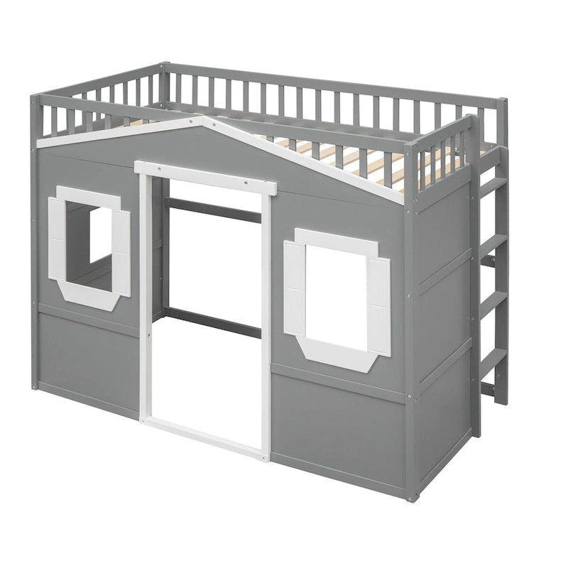 Twin Size Creativity House Bed Wooden Loft Bed with Built-In Ladder and Underbed Storage Space, Full-Length Guardrail