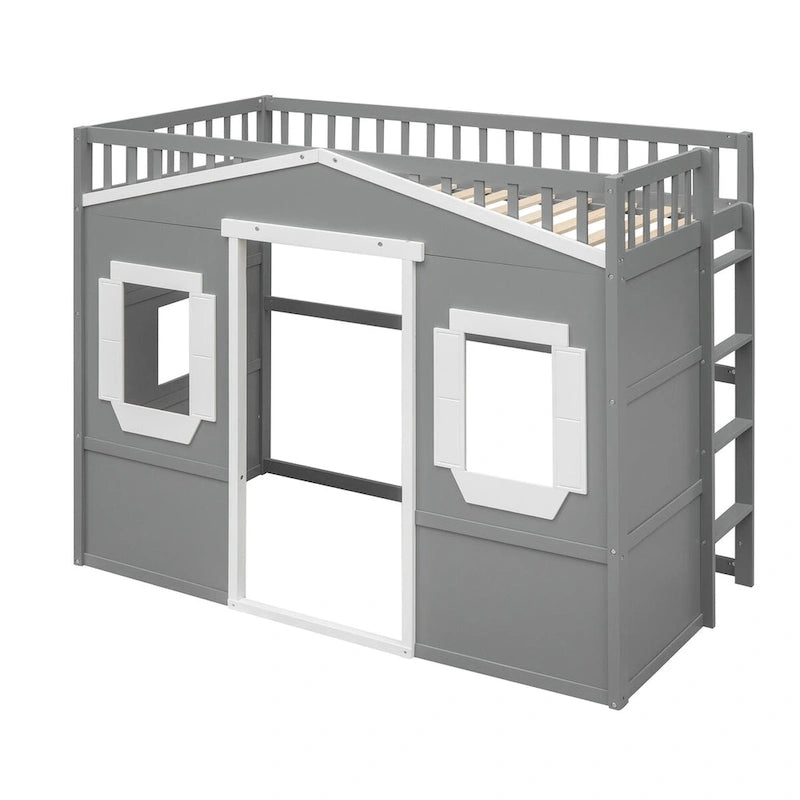 Twin Size Creativity House Bed Wooden Loft Bed with Built-In Ladder and Underbed Storage Space, Full-Length Guardrail