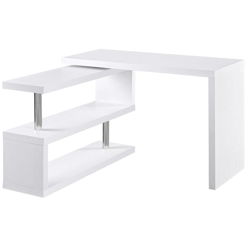 Bureau d'angle pivotant à 360 degrés, Bureau en L, Poste de travail pour bureau à domicile avec étagères de rangement à 3 niveaux, Blanc
