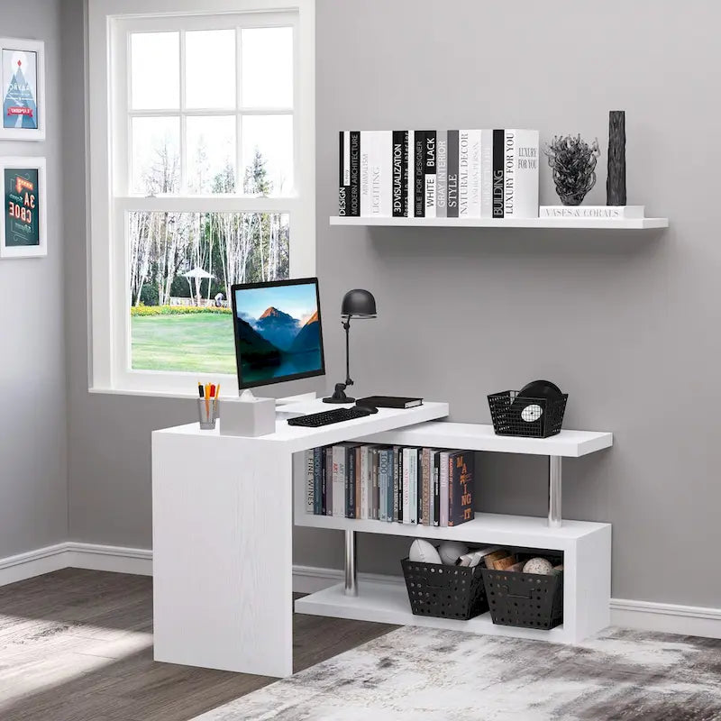 Bureau d'angle pivotant à 360 degrés, Bureau en L, Poste de travail pour bureau à domicile avec étagères de rangement à 3 niveaux, Blanc