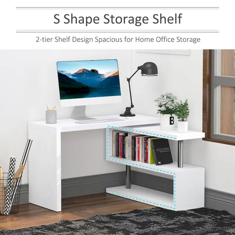 Bureau d'angle pivotant à 360 degrés, Bureau en L, Poste de travail pour bureau à domicile avec étagères de rangement à 3 niveaux, Blanc