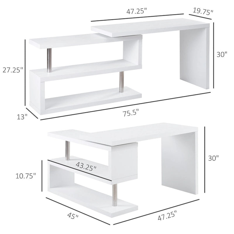 Bureau d'angle pivotant à 360 degrés, Bureau en L, Poste de travail pour bureau à domicile avec étagères de rangement à 3 niveaux, Blanc