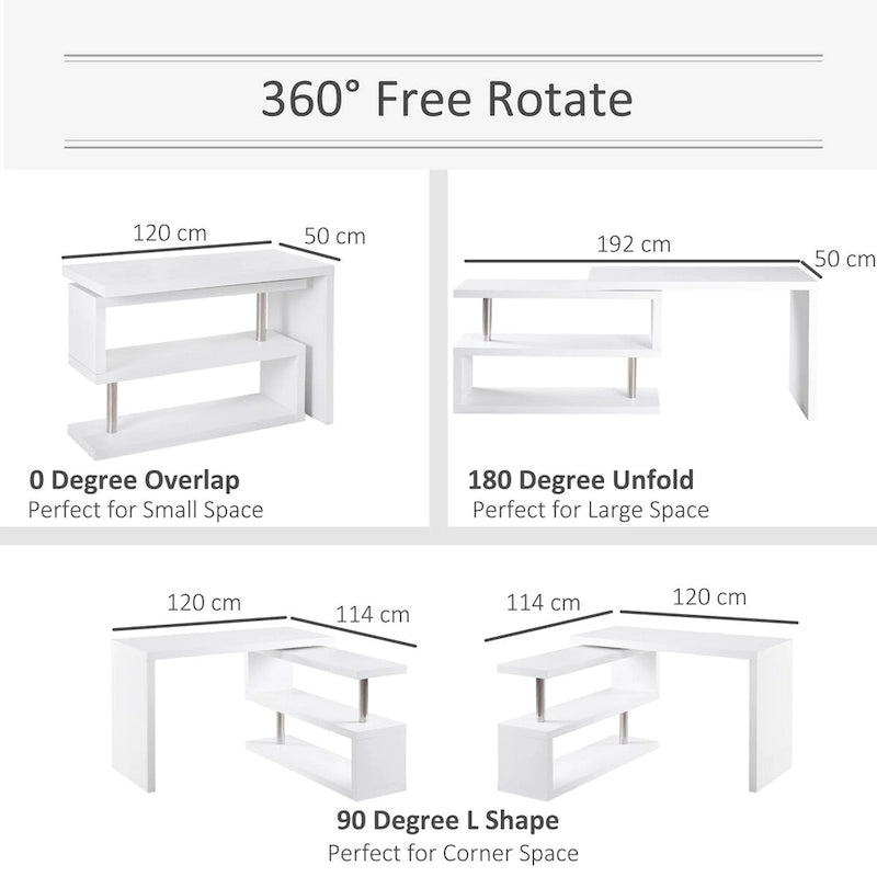 Bureau d'angle pivotant à 360 degrés, Bureau en L, Poste de travail pour bureau à domicile avec étagères de rangement à 3 niveaux, Blanc