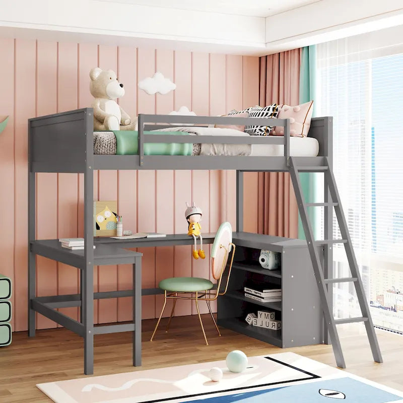 Full Size Wooden Loft Bed with Storage Shelves and Desk