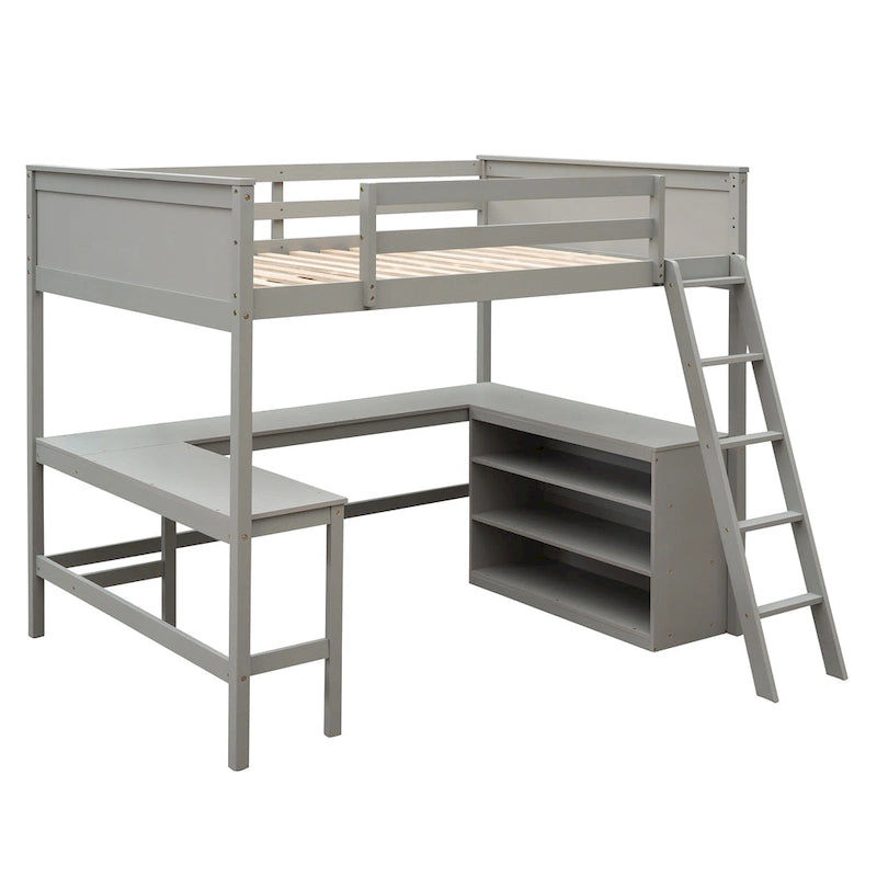 Full Size Wooden Loft Bed with Storage Shelves and Desk