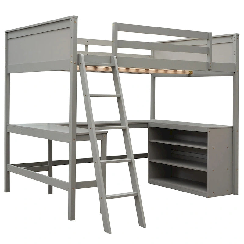 Full Size Wooden Loft Bed with Storage Shelves and Desk