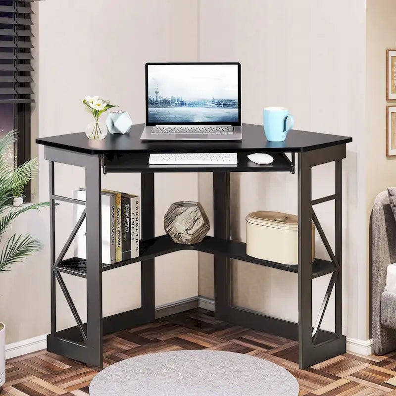 Javlergo Corner Desk with Keyboard Tray, Study Writing Computer Table for College Dorm Home Office