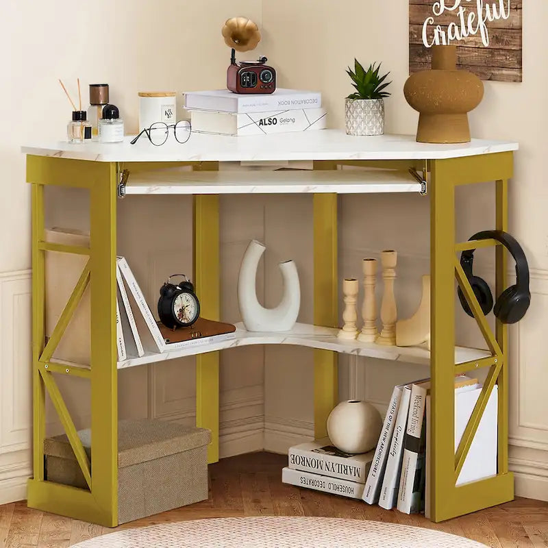 Javlergo Corner Desk with Keyboard Tray, Study Writing Computer Table for College Dorm Home Office