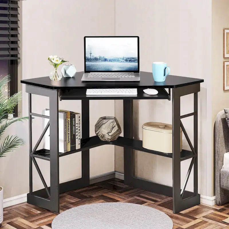 Javlergo Corner Desk with Keyboard Tray, Study Writing Computer Table for College Dorm Home Office
