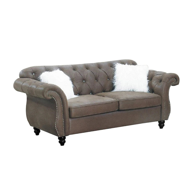 Rima 77 Inch Modern Loveseat, Faux Leather Cushions, Rolled Arms, Brown