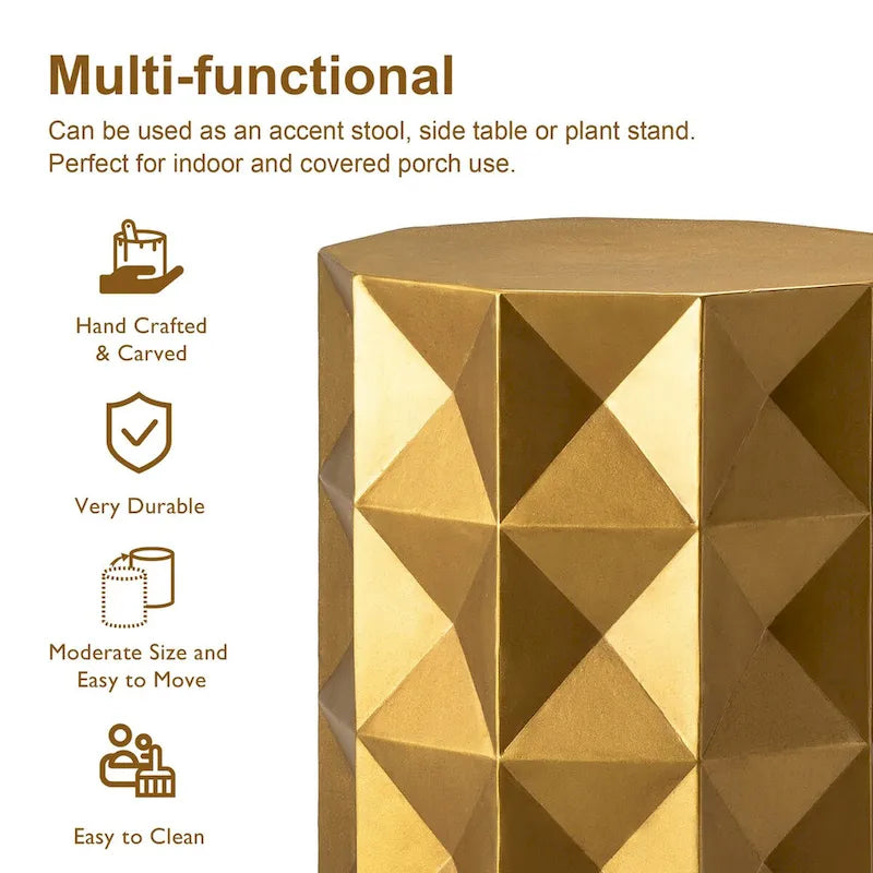 Glitzhome 17H Antique Gold MGO Geometric Side Table or Accent Stool - 14L x 14W x 17H