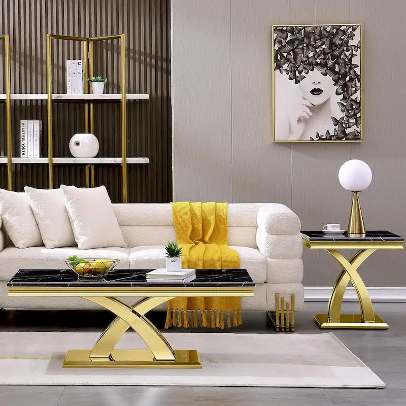 Modern Metal End Table with Square Gloss Top and X-Cross Base