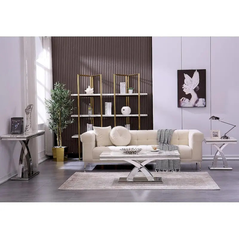 Modern Metal End Table with Square Gloss Top and X-Cross Base